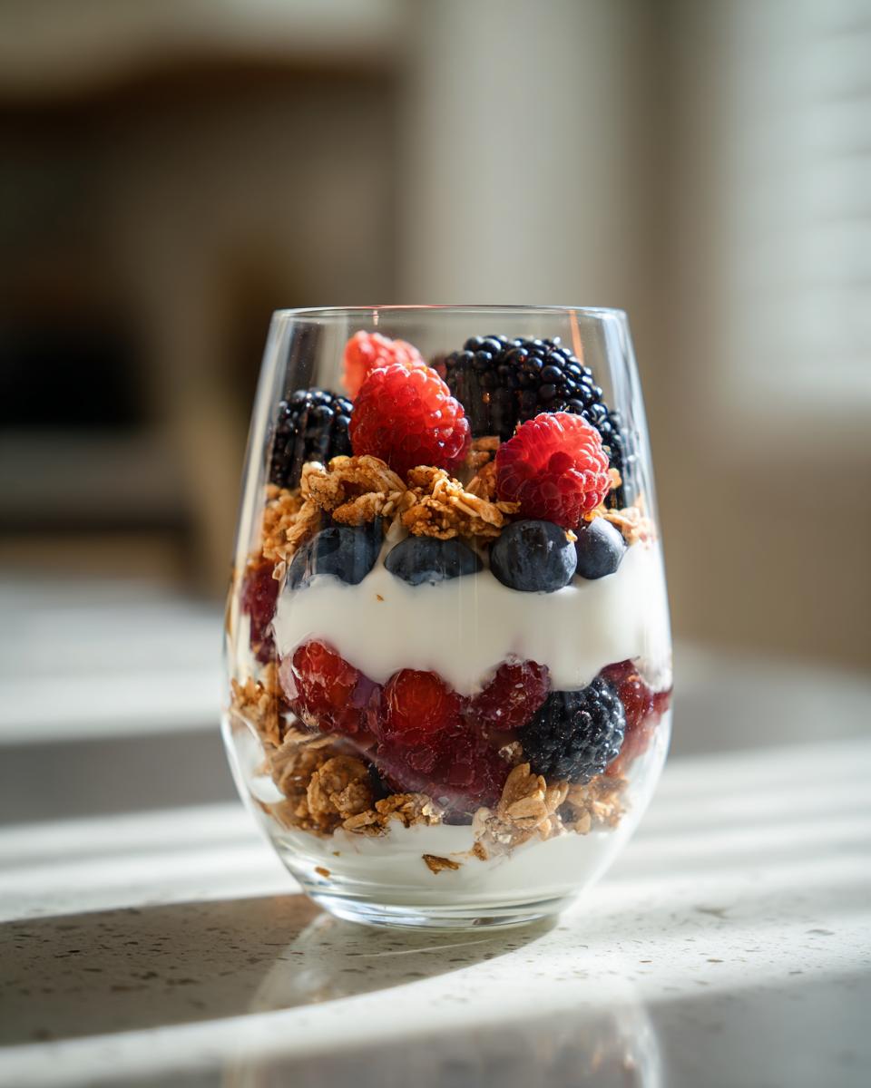 Glass filled with layered yogurt, granola, blueberries, raspberries, and blackberries easy fruit desserts