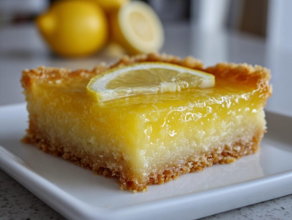 A close-up of a lemon bar dessert with a lemon slice on top, showcasing spring lemon desserts.