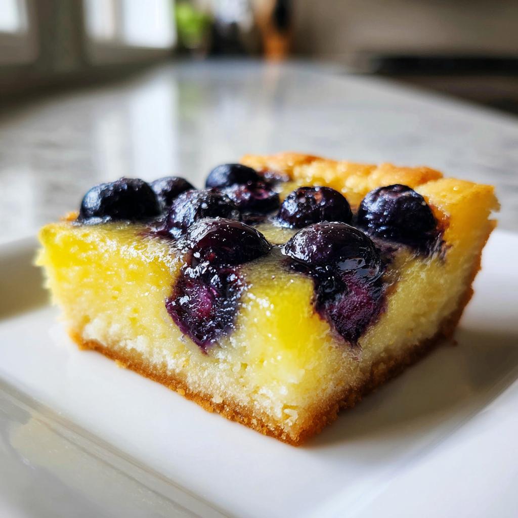 A close-up of a lemon blueberry dessert squares piece with fresh blueberries on top.