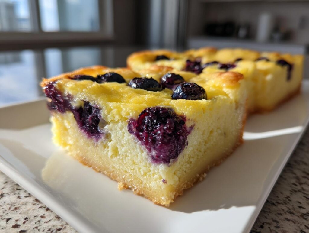 Close-up of lemon blueberry dessert squares with fresh blueberries on a white plate.