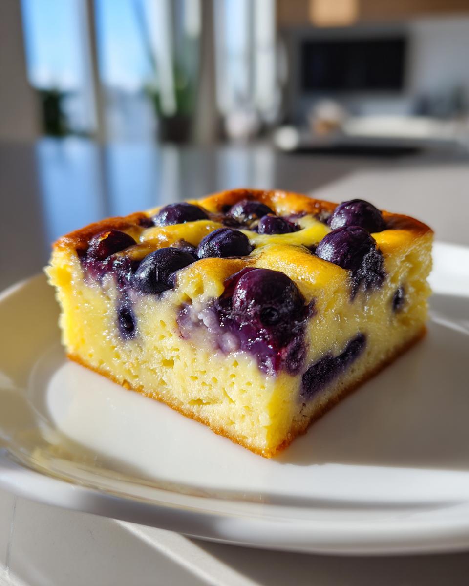 A close-up of a lemon blueberry dessert squares piece on a white plate with fresh blueberries