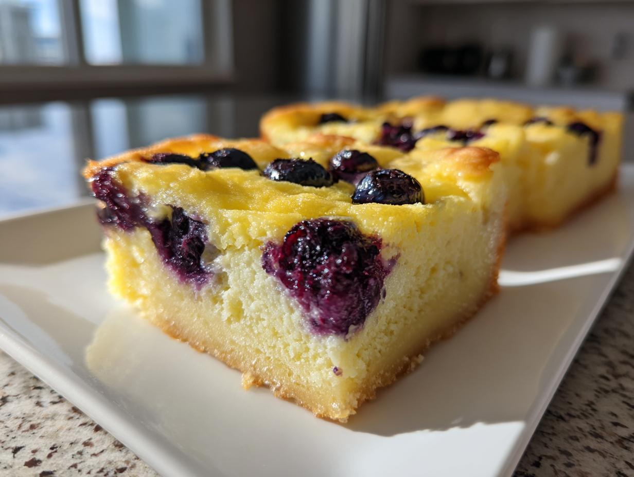 Close-up of lemon blueberry dessert squares with fresh blueberries on a white plate.