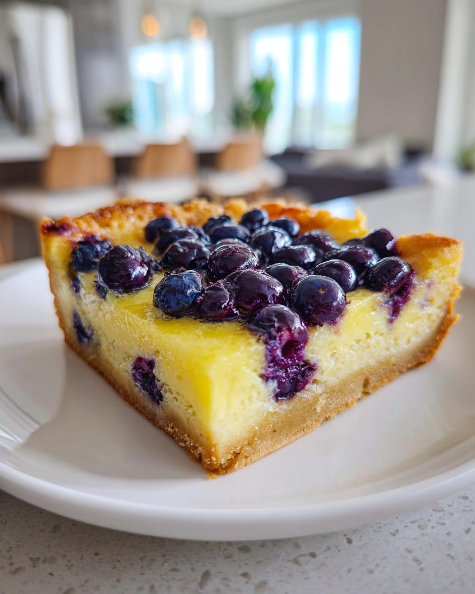 Slice of lemon blueberry dessert squares with fresh blueberries on top on a white plate
