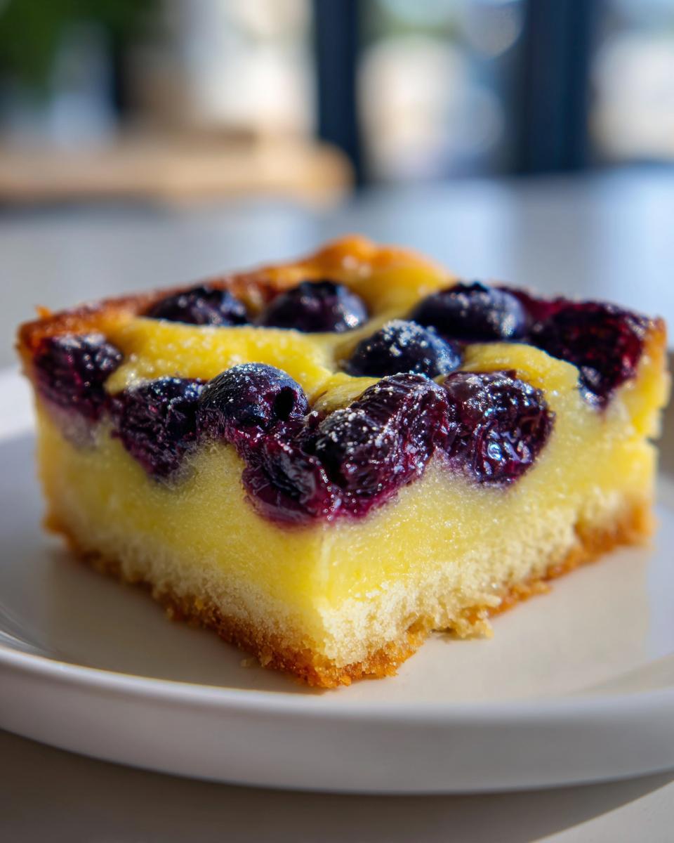 A close-up slice of lemon blueberry dessert squares with fresh blueberries on top.