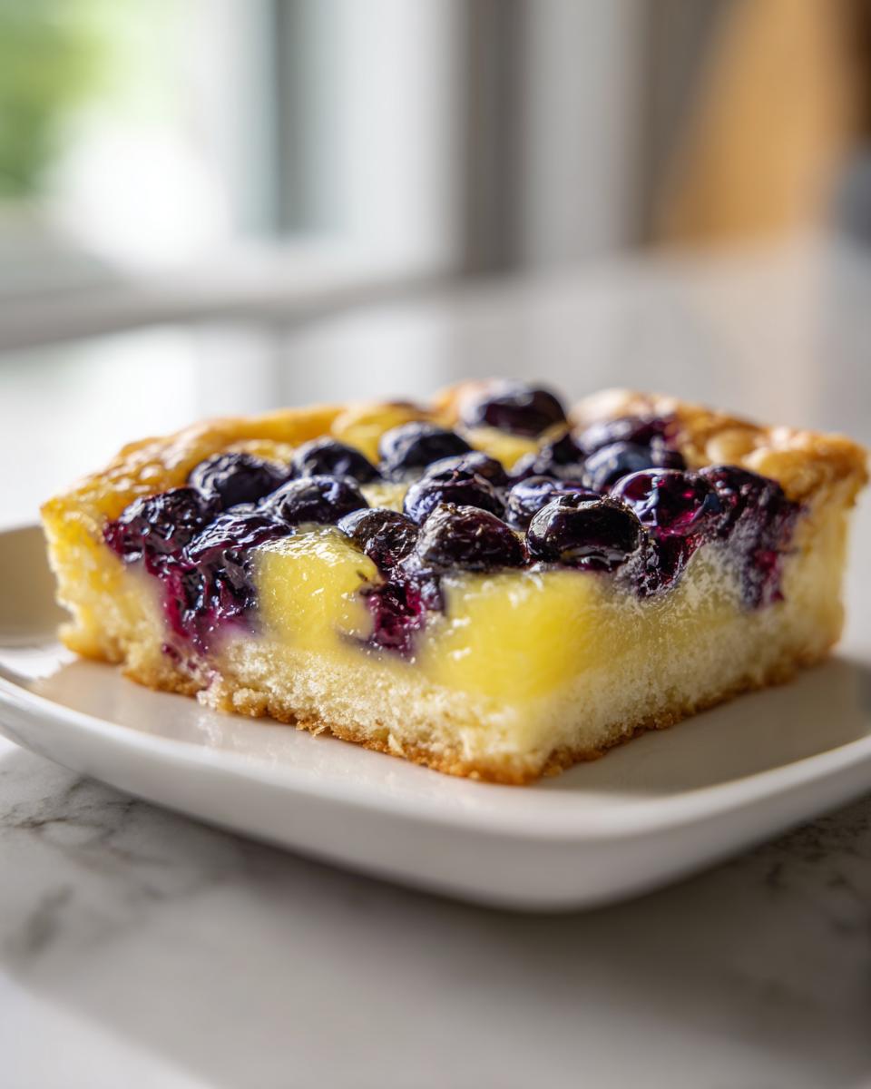 A close-up slice of lemon blueberry dessert squares on a white plate.
