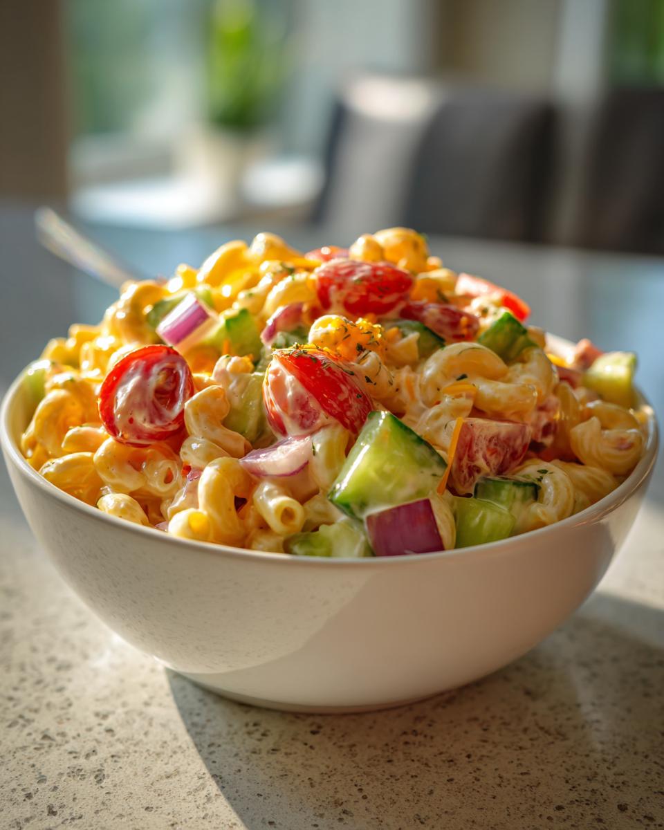 Bowl of loaded macaroni salad recipe with cherry tomatoes, cucumbers, and red onions