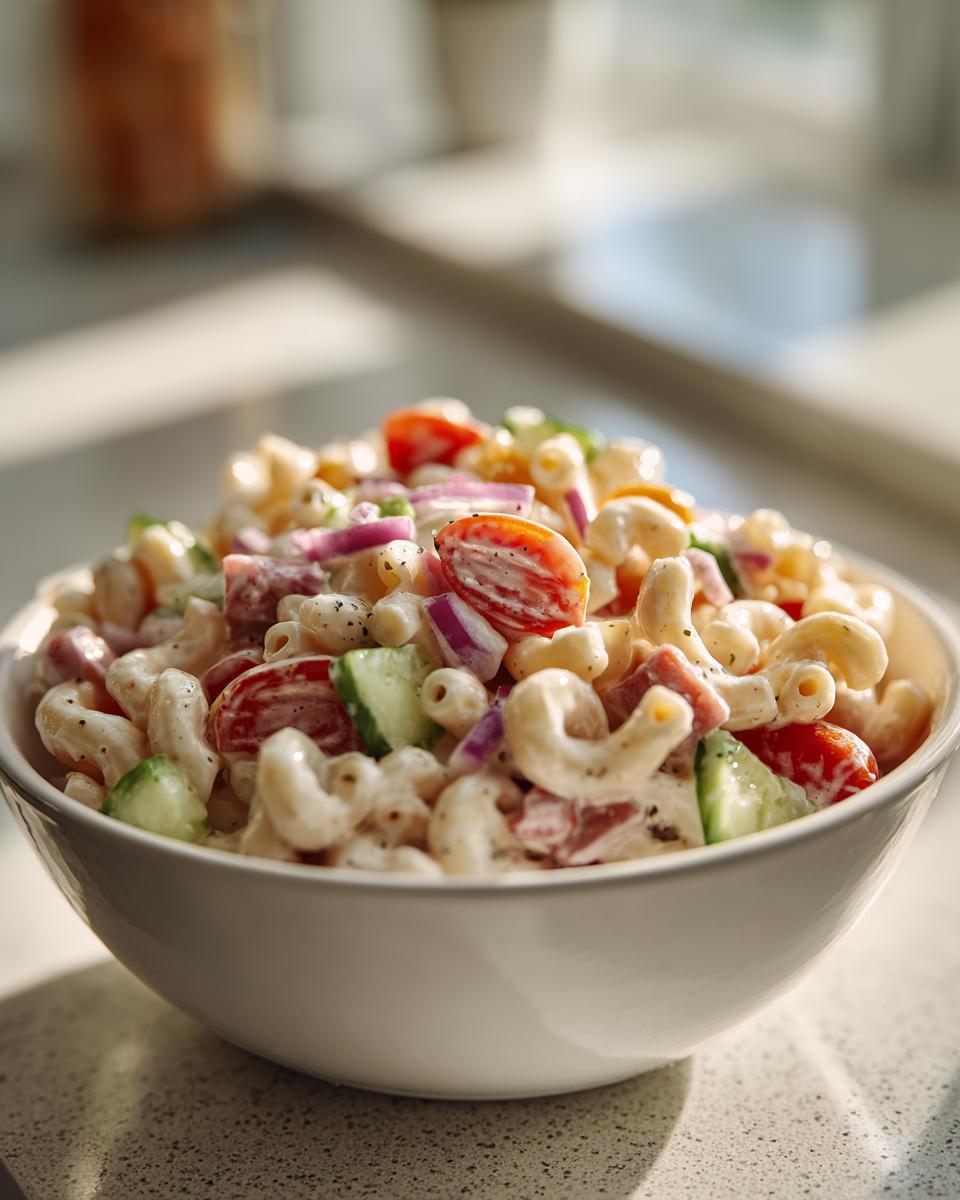 Bowl of loaded macaroni salad recipe with pasta, cherry tomatoes, cucumber, and red onion.