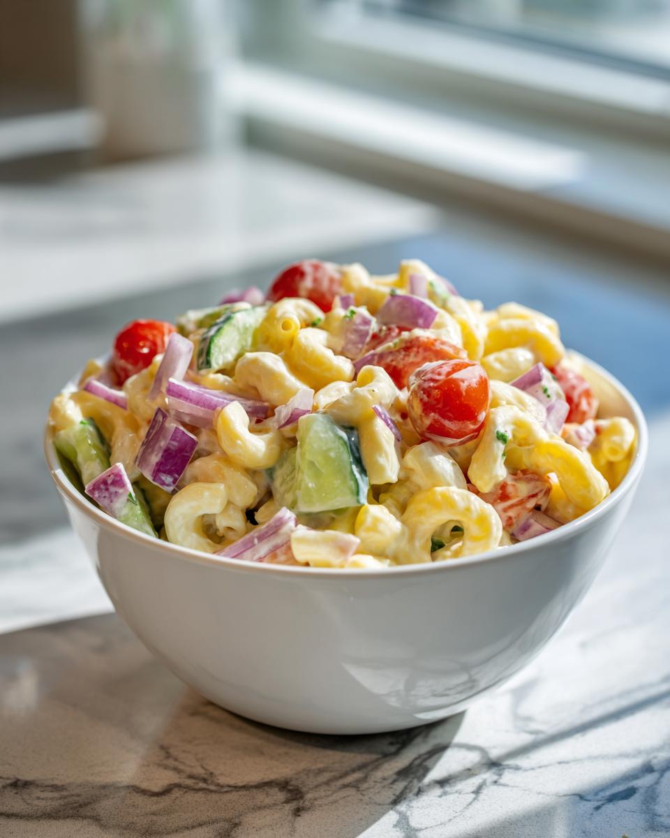 Bowl of loaded macaroni salad recipe with pasta, cherry tomatoes, cucumbers, and red onions.
