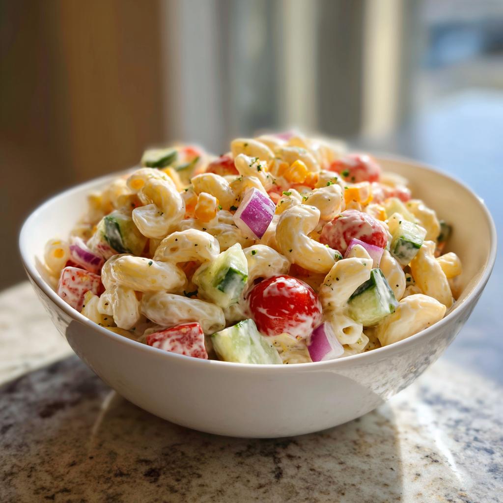 Bowl of loaded macaroni salad recipe with creamy dressing, cherry tomatoes, cucumber, red onion, and corn.
