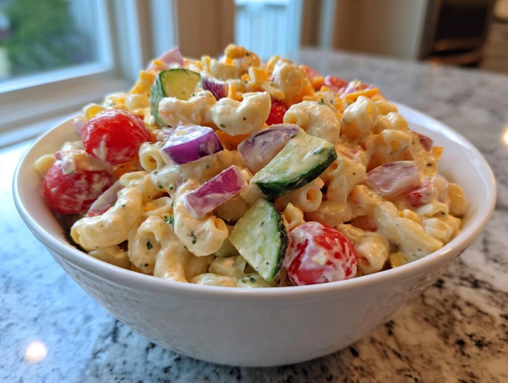 Bowl of loaded macaroni salad recipe with creamy dressing, cherry tomatoes, cucumber, and red onion.