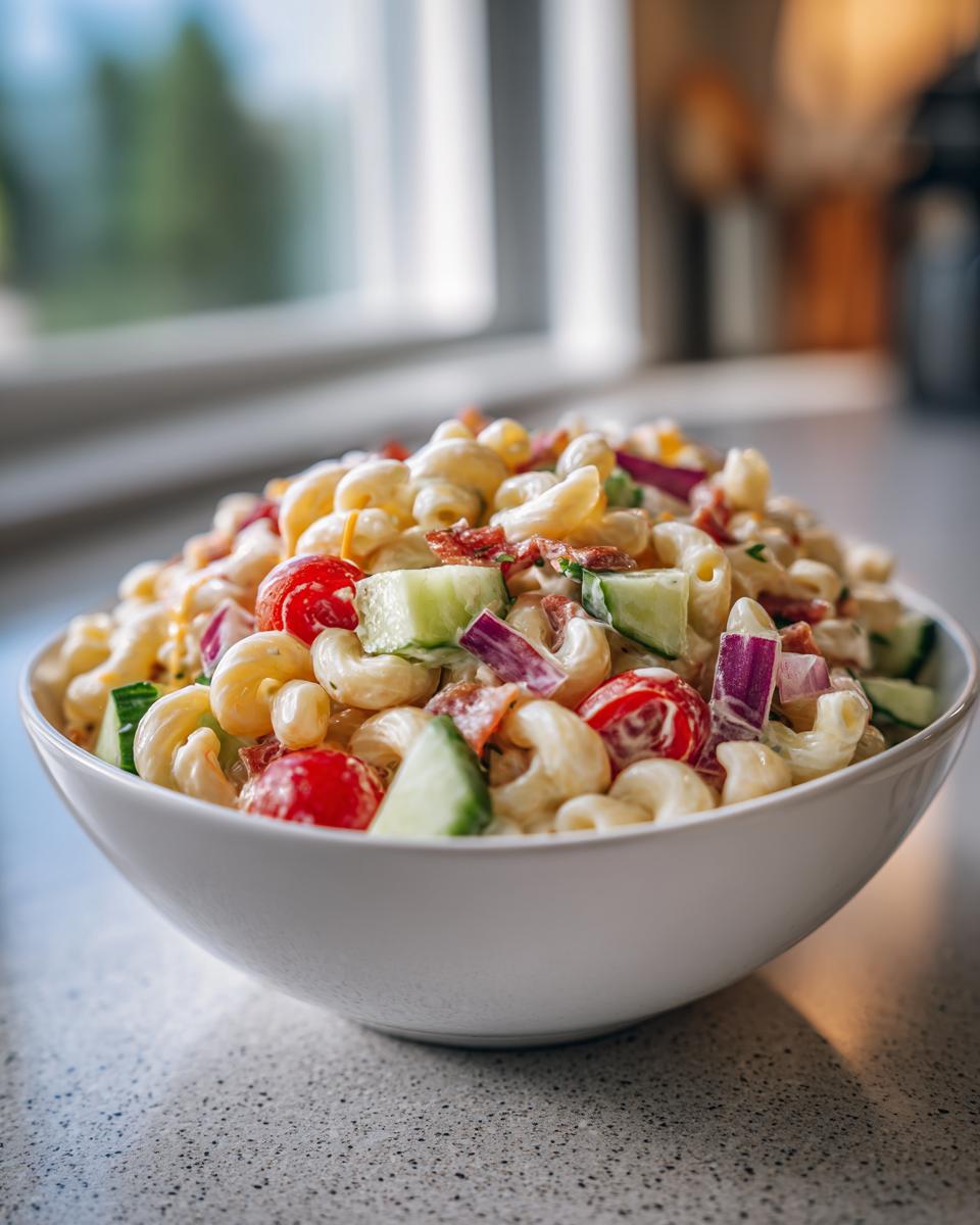 White bowl filled with loaded macaroni salad recipe featuring elbow pasta, cherry tomatoes, cucumber, and red onion.