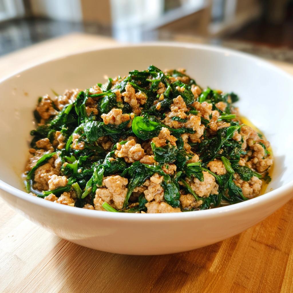 Bowl of cooked ground meat mixed with fresh spinach for a low carb dinner recipe
