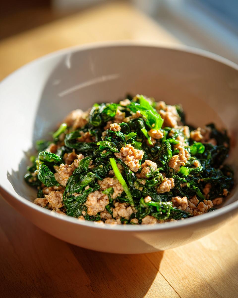 Bowl of cooked ground meat mixed with sautéed spinach, a low carb dinner recipe