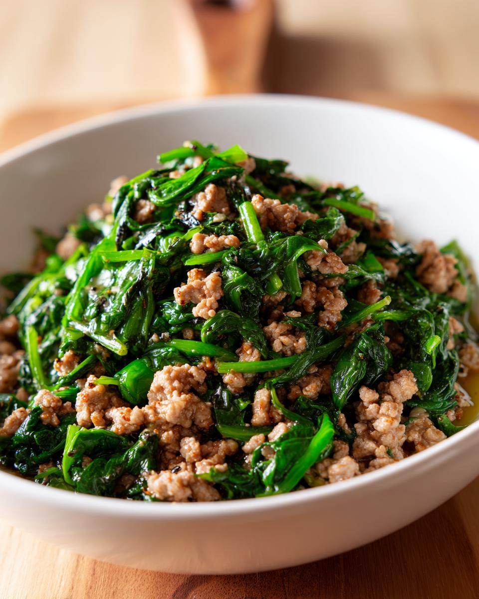 Bowl of cooked ground meat mixed with sautéed spinach for a low carb dinner recipe