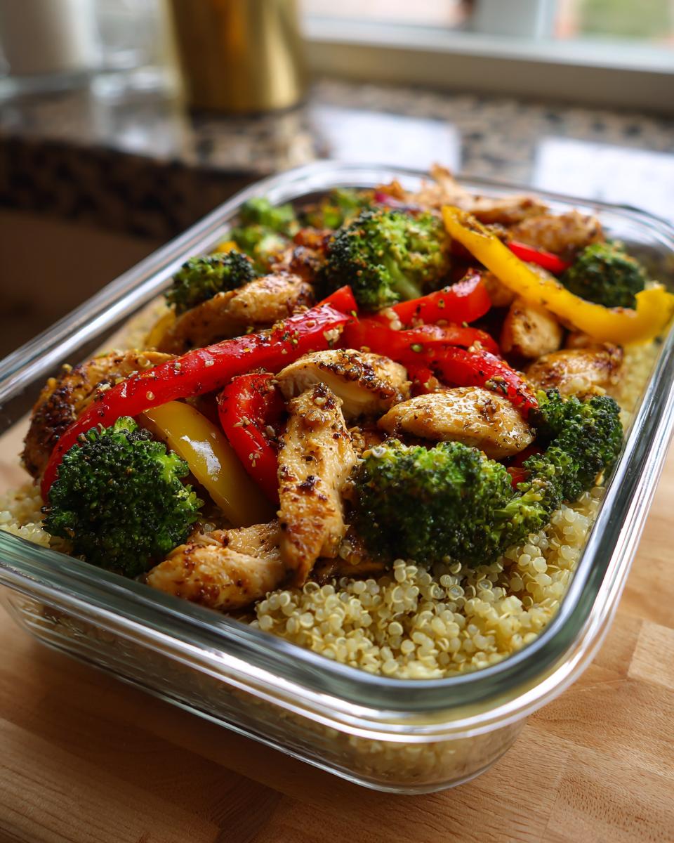 Glass container with quinoa, grilled chicken, broccoli, and red and yellow bell peppers for meal prep dinner ideas