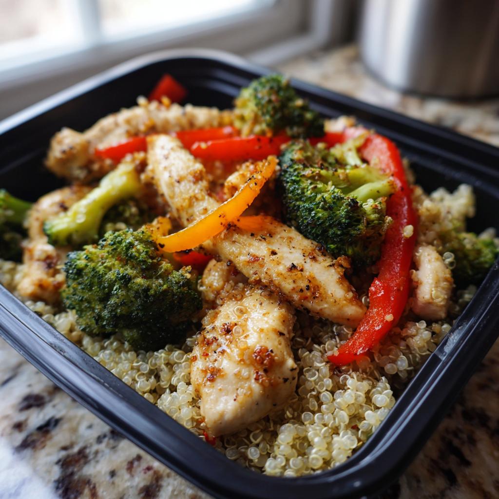 Meal prep dinner ideas with grilled chicken, broccoli, bell peppers, and quinoa in a black container.