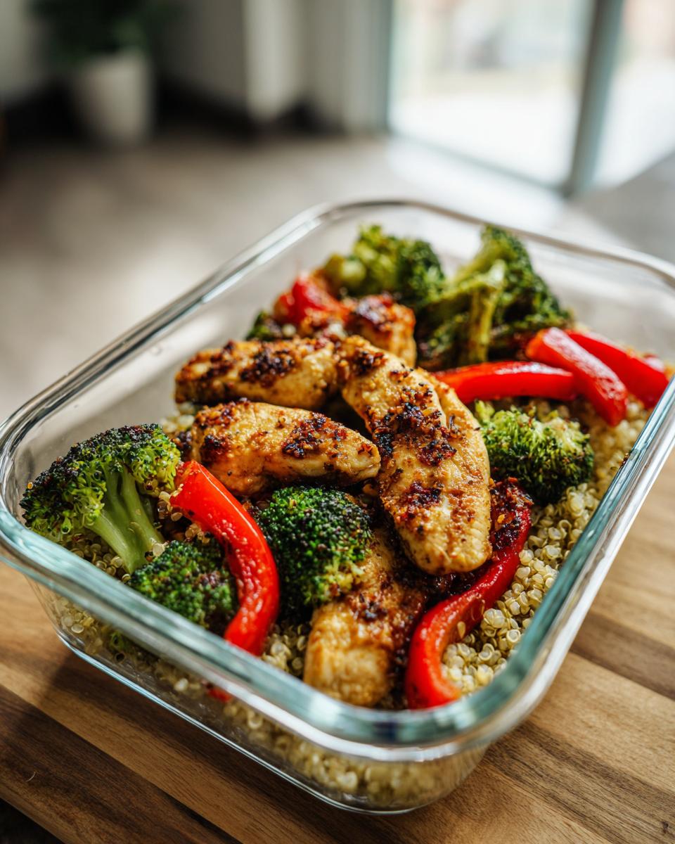 Glass container with grilled chicken, broccoli, red bell peppers, and quinoa meal prep dinner ideas