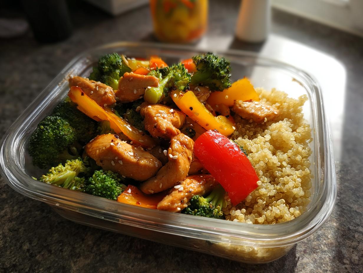 Glass container with meal prep dinner ideas featuring chicken, broccoli, bell peppers, and quinoa.