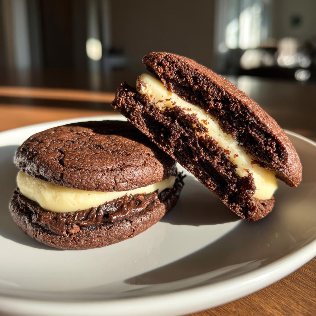 Two mini brownie cookie sandwiches with creamy filling on a white plate.