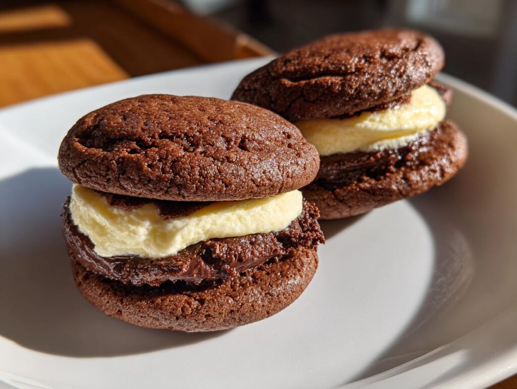 Two mini brownie cookie sandwiches with creamy filling on a white plate.