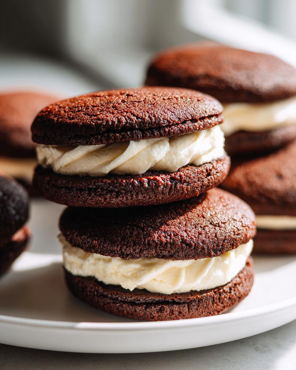 Two mini brownie cookie sandwiches with creamy filling stacked on a white plate.