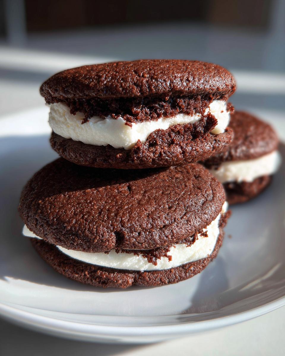Three mini brownie cookie sandwiches with white cream filling on a white plate.