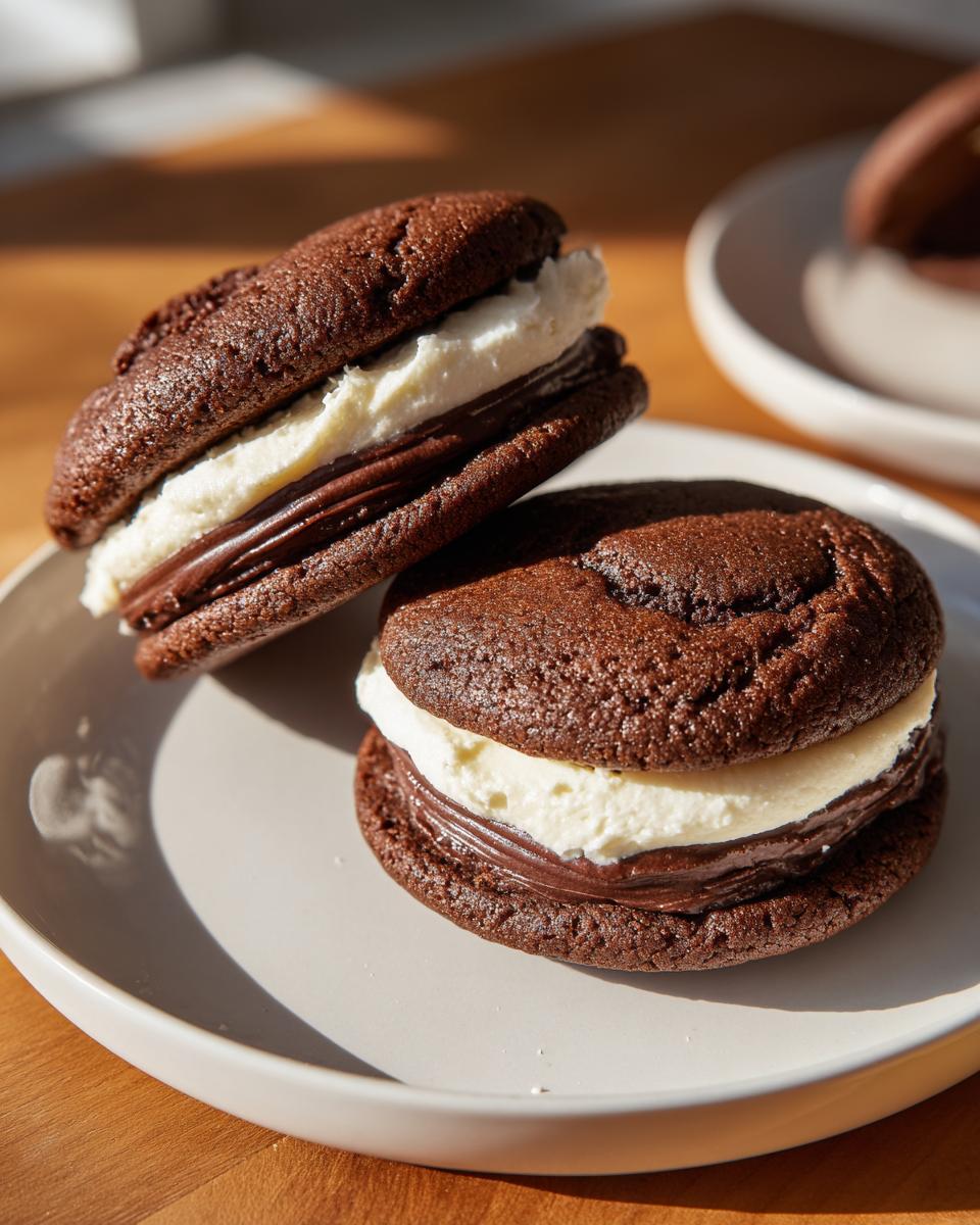 Two mini brownie cookie sandwiches with creamy filling on a white plate.