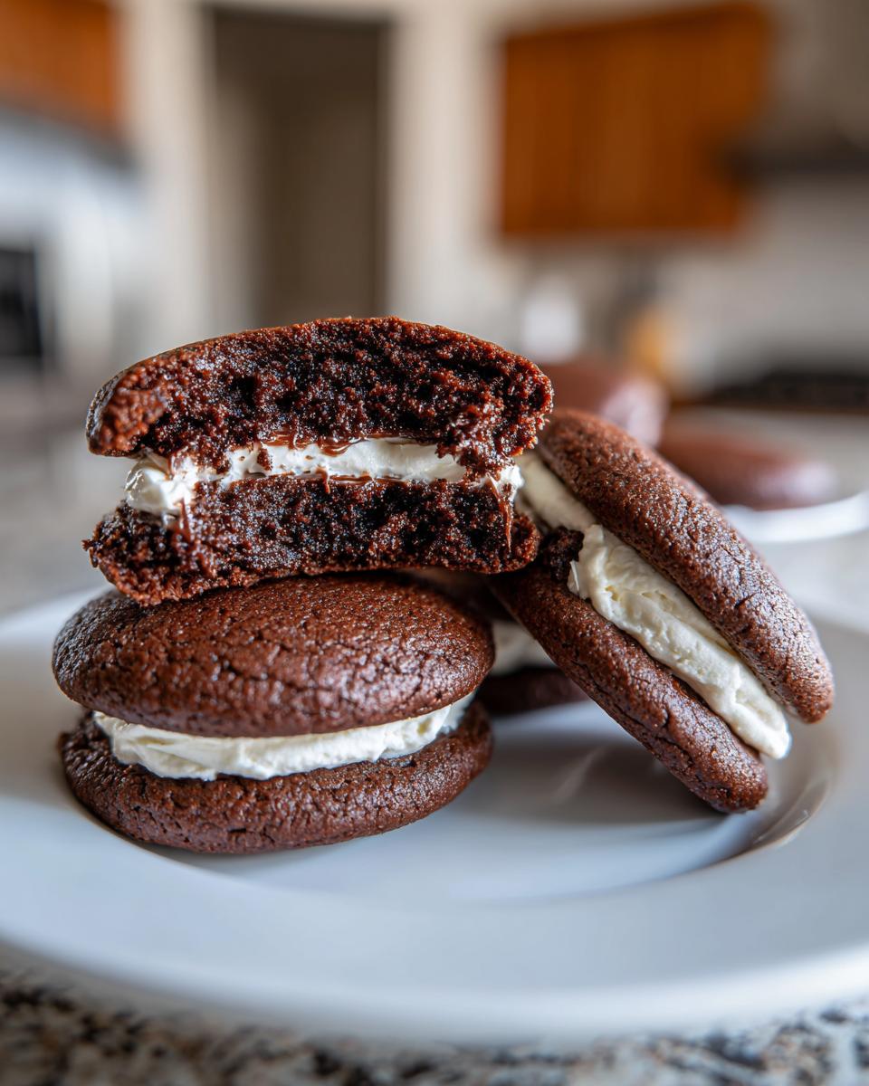 Close-up of mini brownie cookie sandwiches with creamy filling on a white plate.