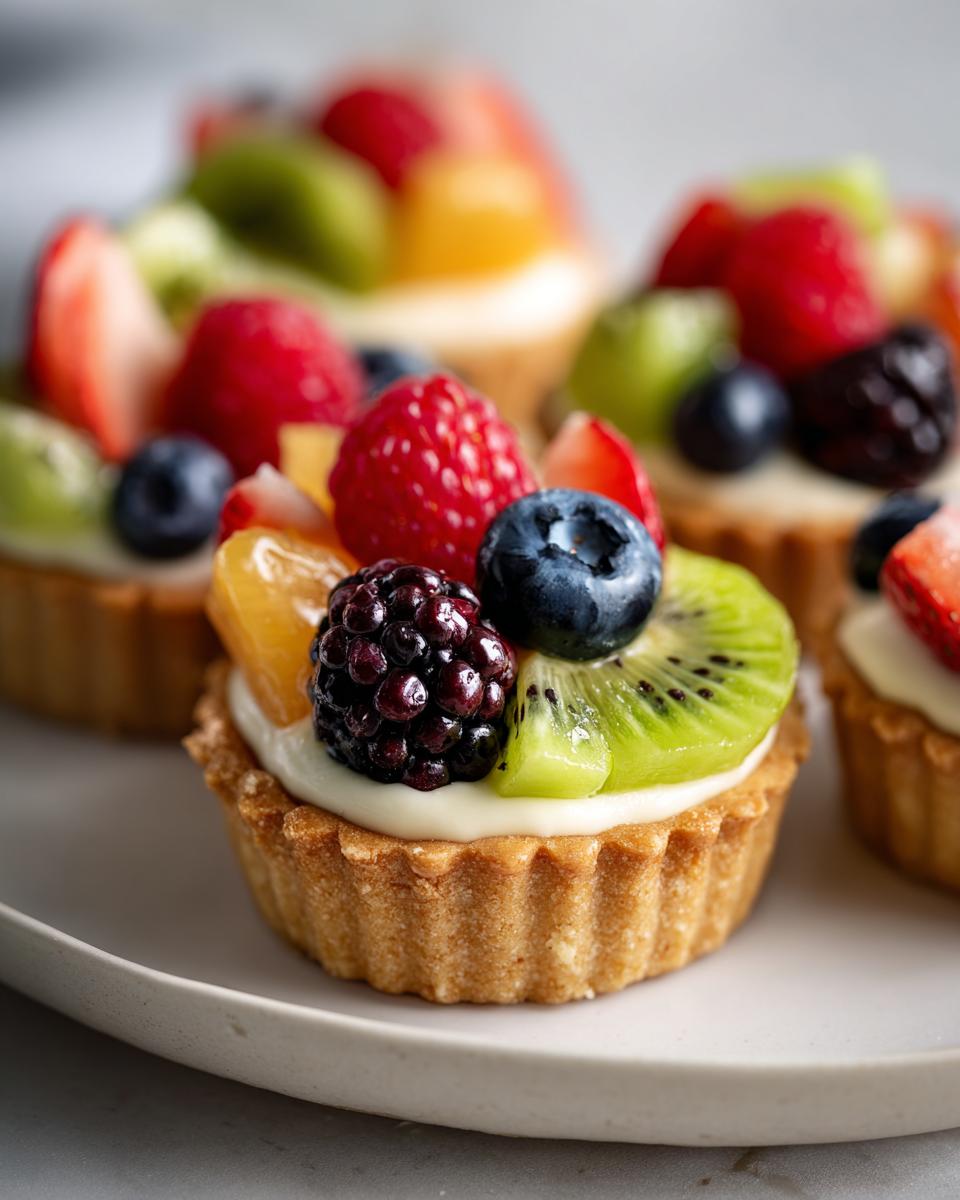 Mini fruit tartlets recipe topped with kiwi, blackberry, blueberry, raspberry, and strawberry on a plate