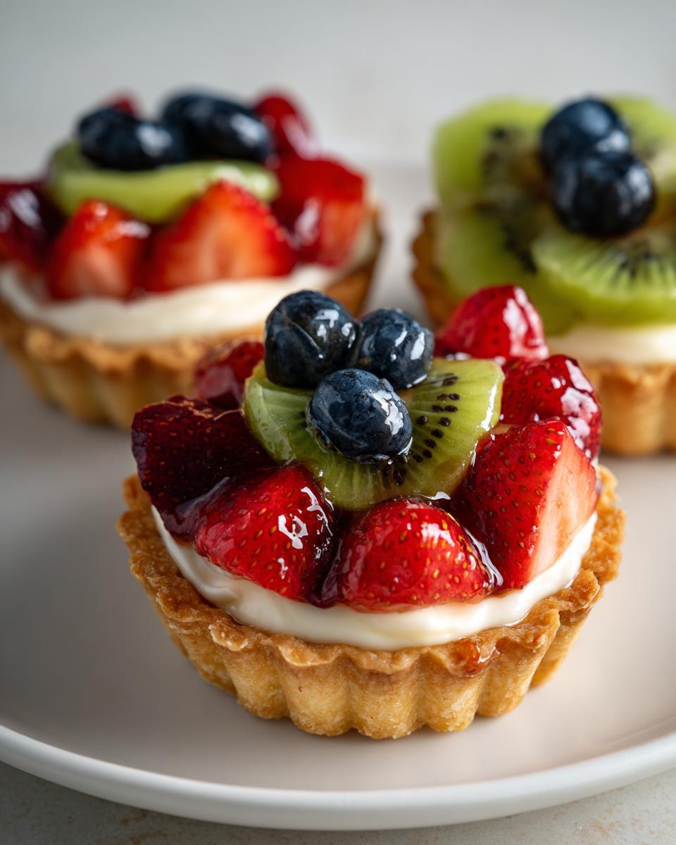 Mini fruit tartlets recipe featuring glazed strawberries, kiwi slices, and blueberries on creamy filling.