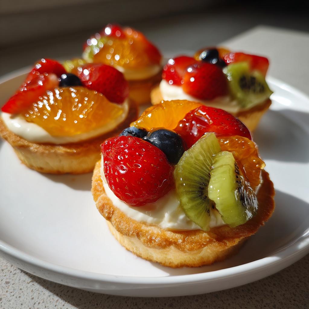 Mini fruit tartlets recipe with strawberries, kiwi, blueberries, and orange slices on a white plate.