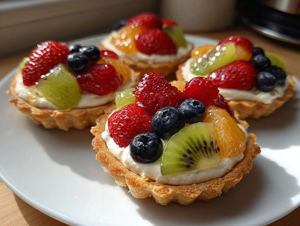 Four mini fruit tartlets topped with strawberries, blueberries, kiwi, and mandarin slices on a white plate.