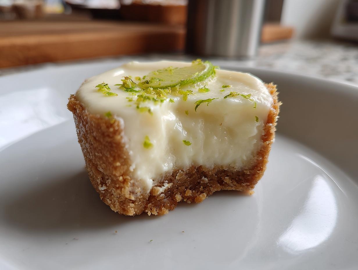 Close-up of a mini key lime dessert bite with creamy filling and lime zest on a white plate.