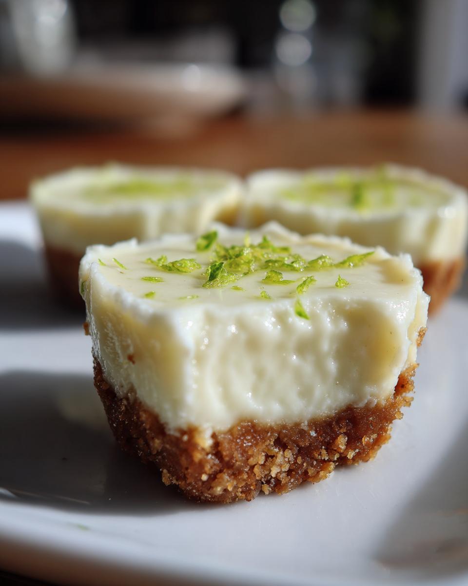 Three mini key lime dessert bites with creamy topping and lime zest on a white plate.