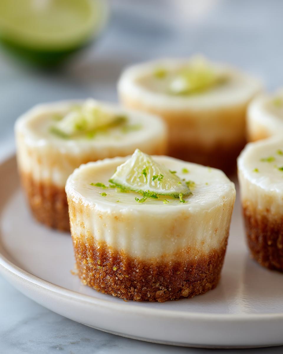 Close-up of mini key lime dessert bites with graham cracker crust and lime garnish
