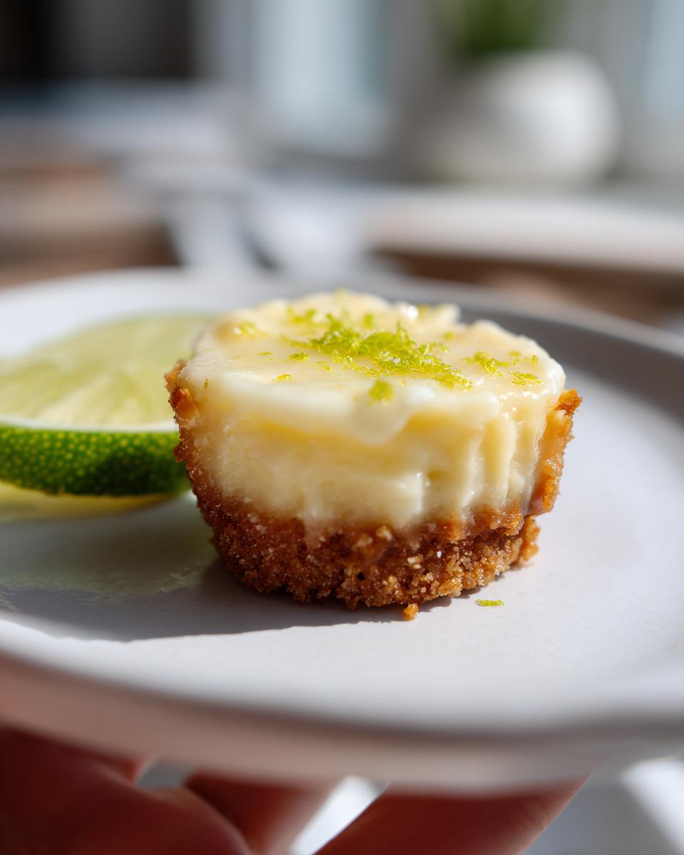 Close-up of a mini key lime dessert bite topped with lime zest on a white plate with lime slice