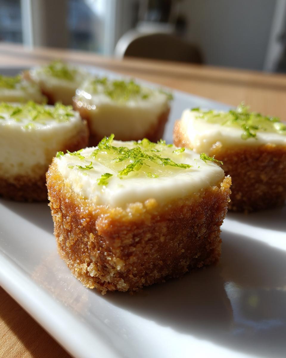 Close-up of mini key lime dessert bites with creamy topping and lime zest on a white plate.