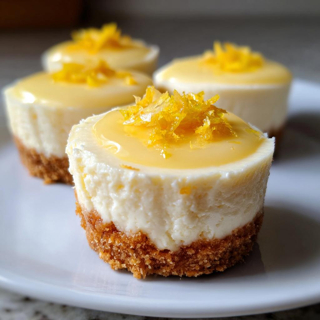 Close-up of mini lemon cheesecake bites topped with lemon zest on a white plate.
