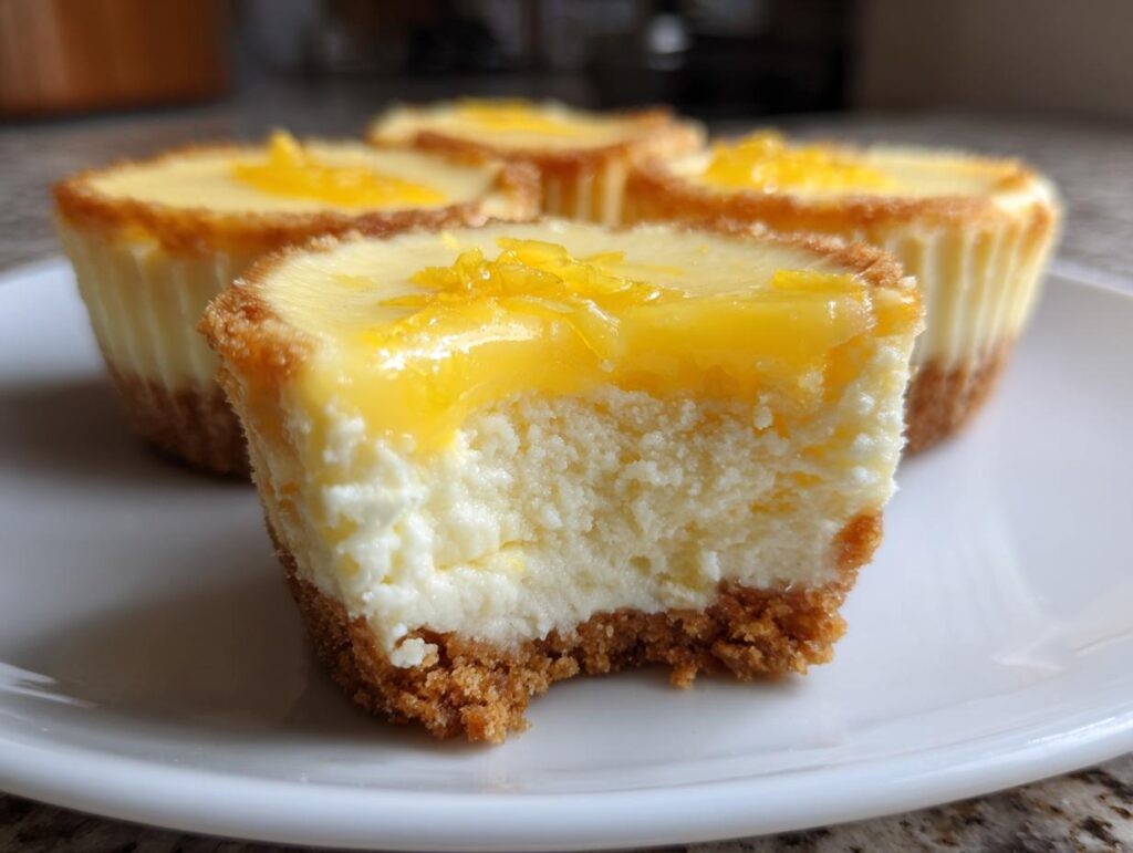 Mini lemon cheesecake bites with a graham cracker crust and lemon topping on a white plate.