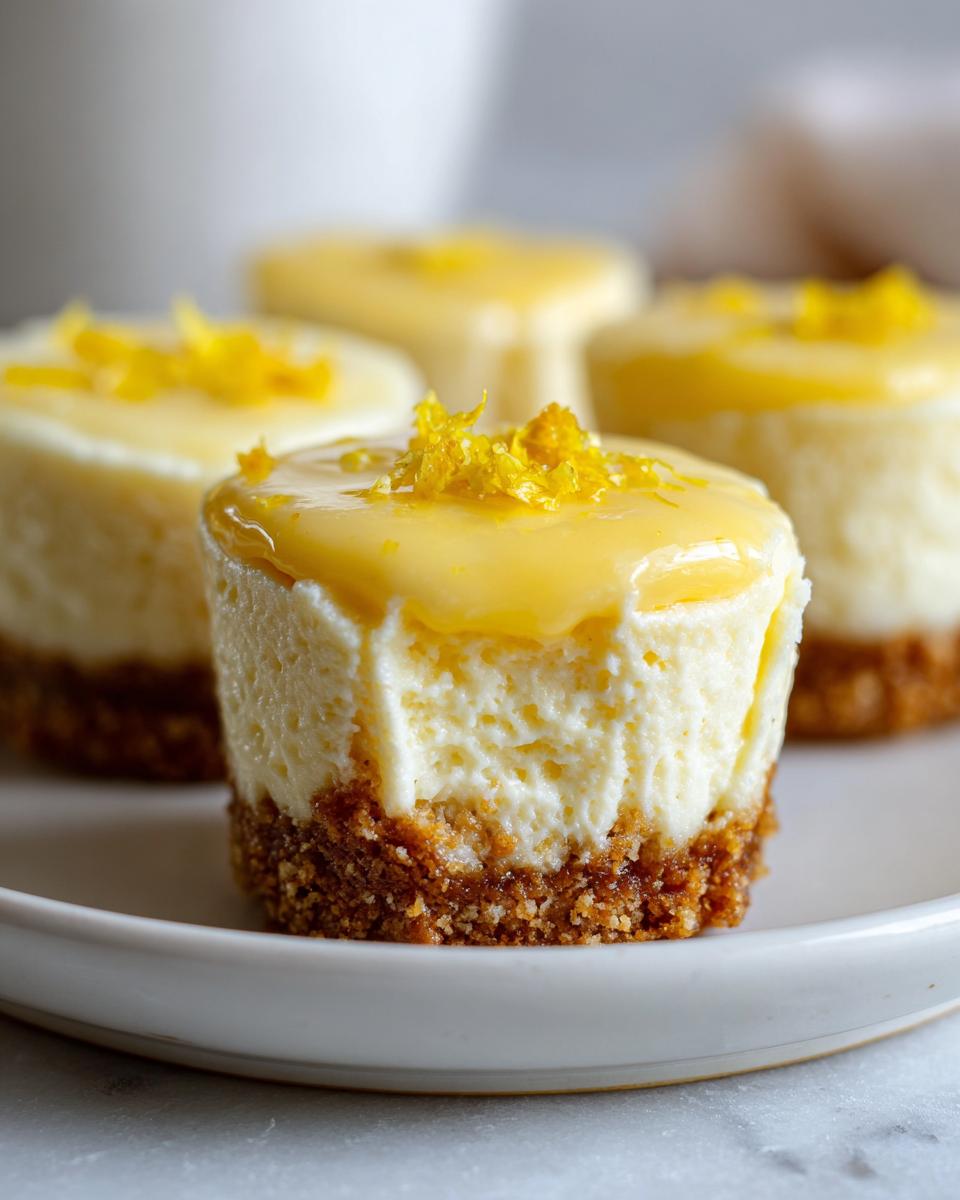 Mini lemon cheesecake bites with creamy topping and lemon zest on a white plate.