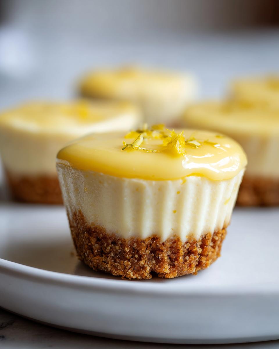 Mini lemon cheesecake bites with crumb crust and lemon topping on a white plate.