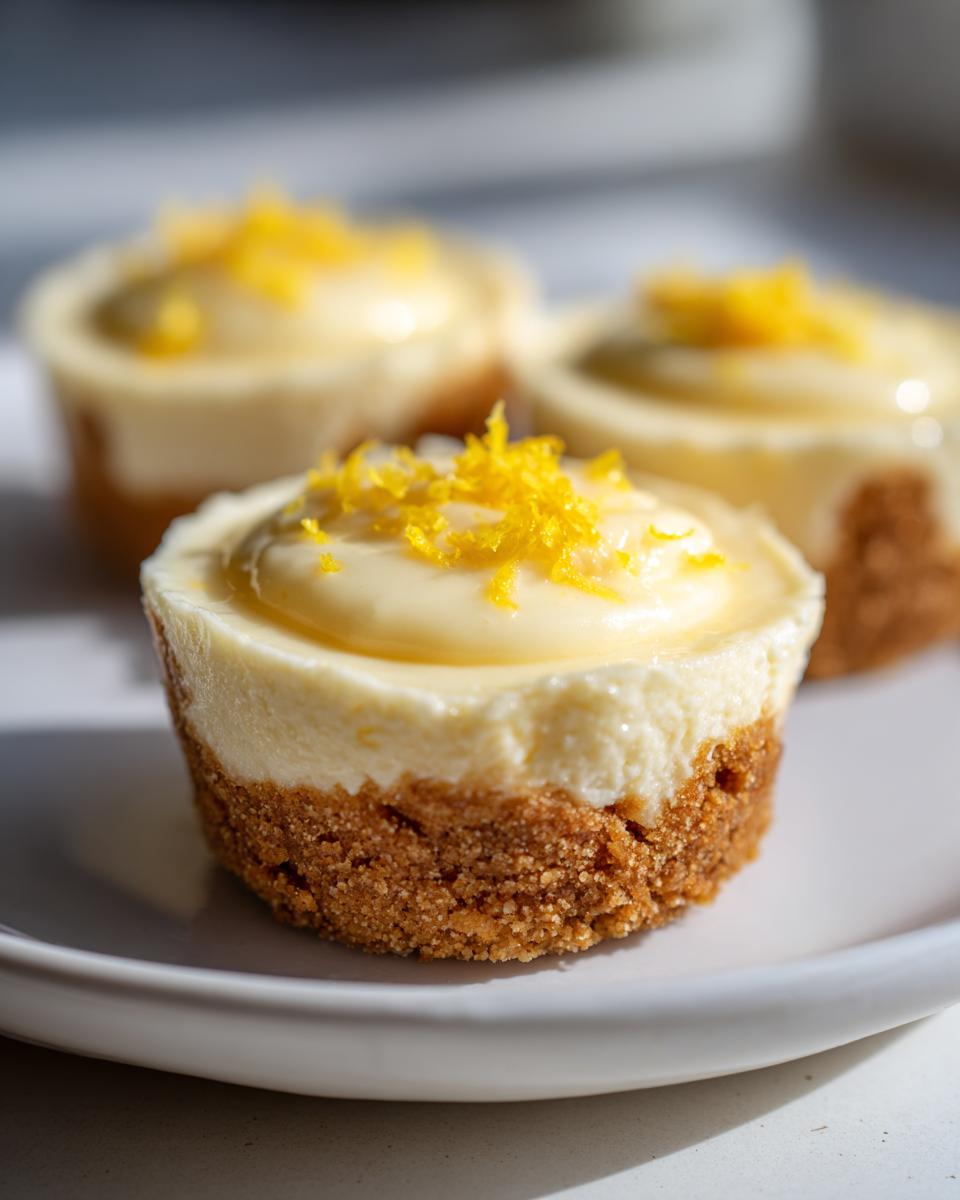 Three mini lemon cheesecake bites with graham cracker crust and lemon zest topping on a white plate.