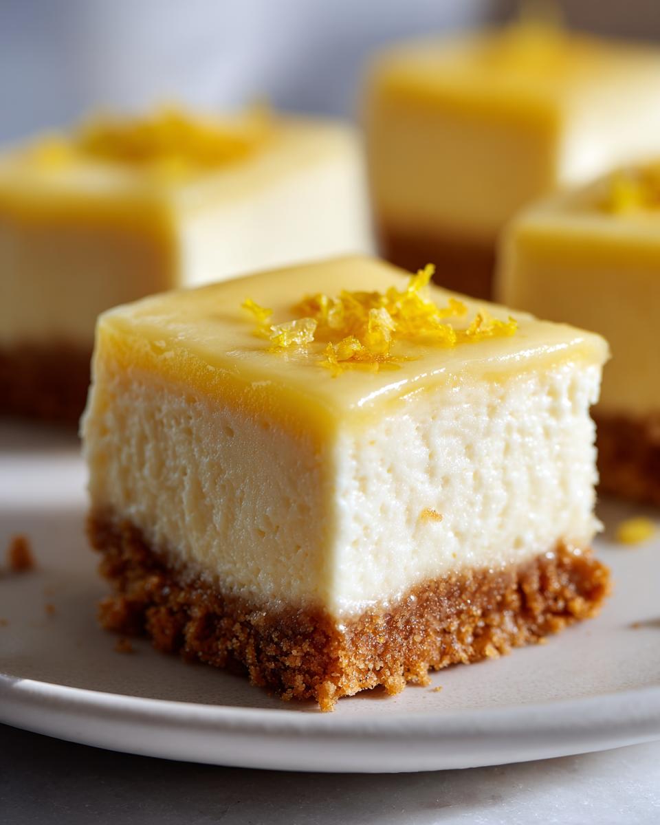 Square mini lemon cheesecake bites with crumbly base and lemon zest on top on a white plate