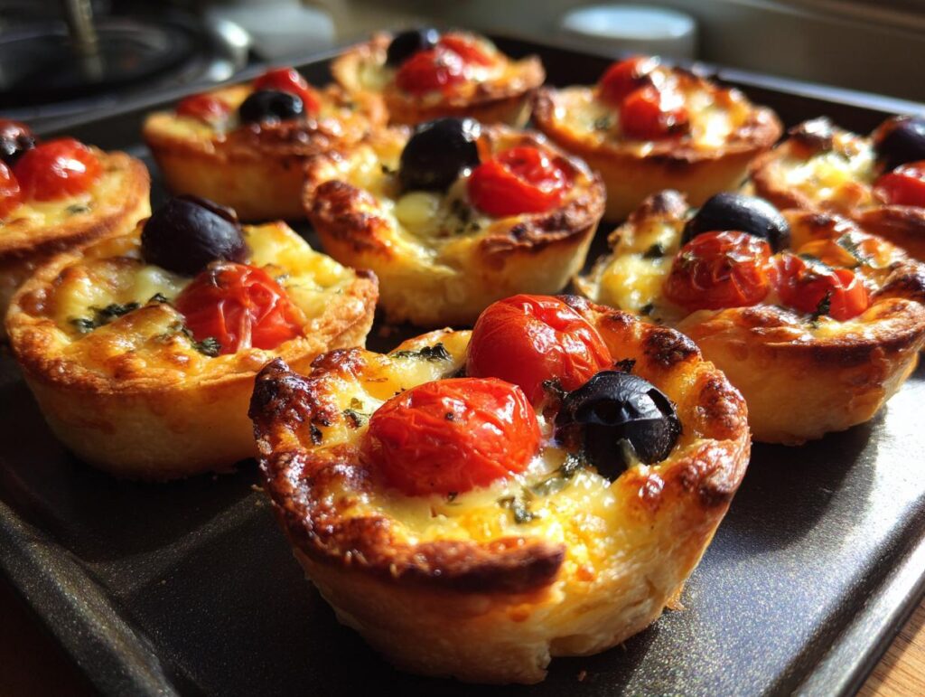 Close-up of mini savory tarts topped with cherry tomatoes and black olives on a baking tray, easy party snacks.
