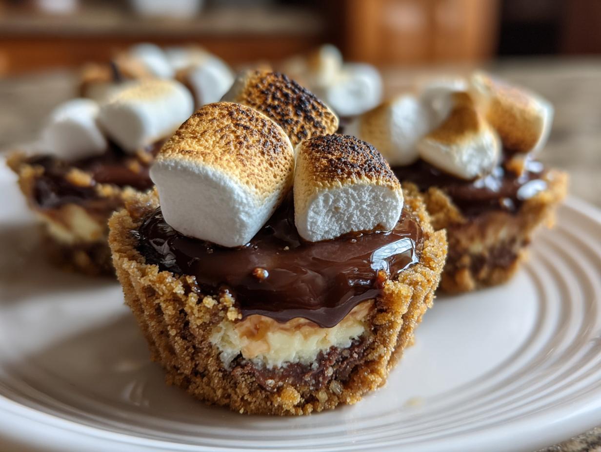 Mini smores dessert cups topped with toasted marshmallows and melted chocolate on a plate.