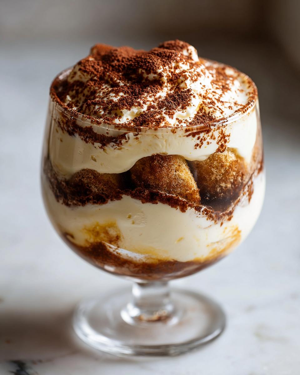 Close-up of a mini tiramisu dessert cups with creamy layers and cocoa powder topping in a glass.