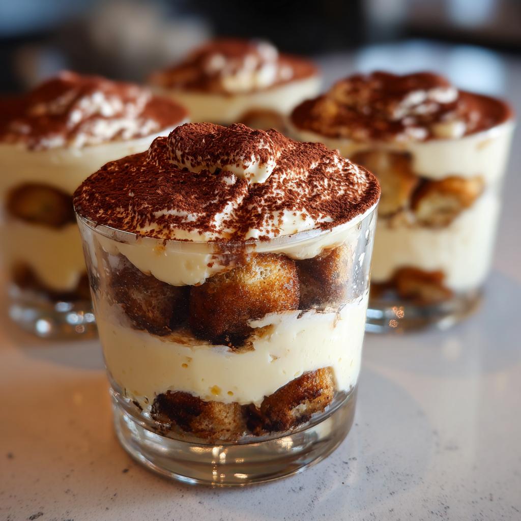 Close-up of mini tiramisu dessert cups with creamy layers and cocoa powder on top
