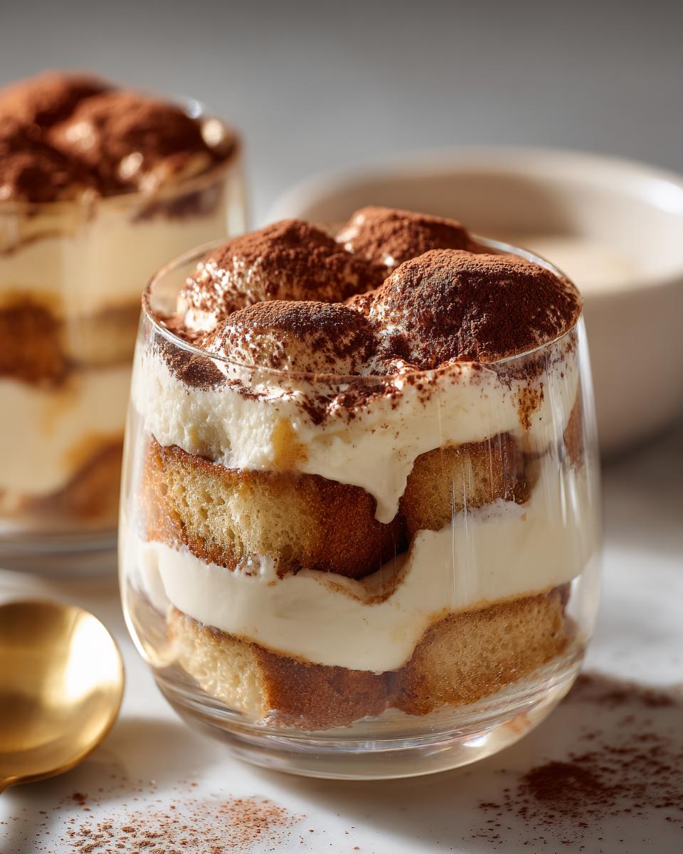 Close-up of creamy mini tiramisu dessert cups layered with cocoa powder in clear glasses.