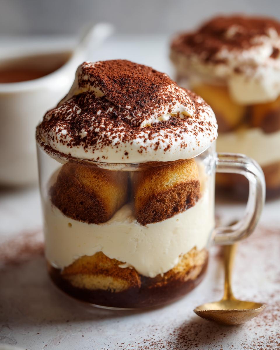 Mini tiramisu dessert cups layered with cream and cocoa powder in clear glass mugs.