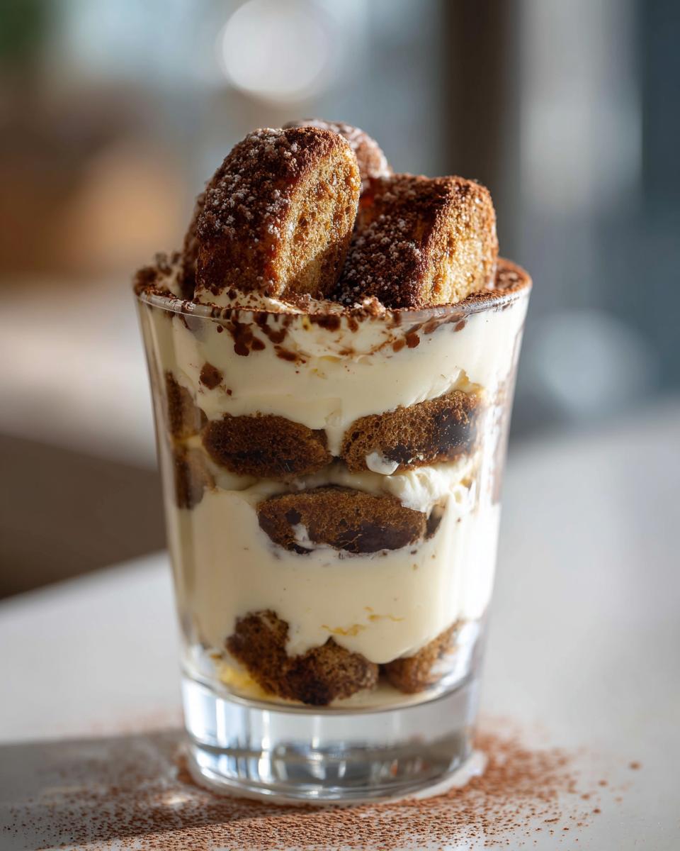 Mini tiramisu dessert cups layered with cream and cocoa powder in a clear glass.